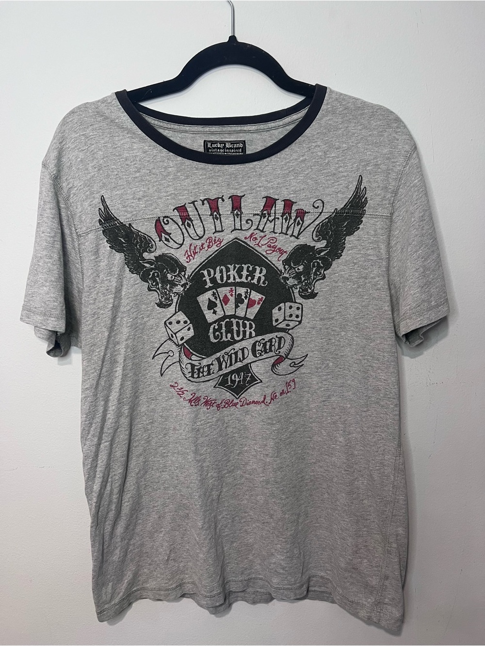 Lucky Brand Gray Graphic Poker Club Tee 100% Cotton Size M